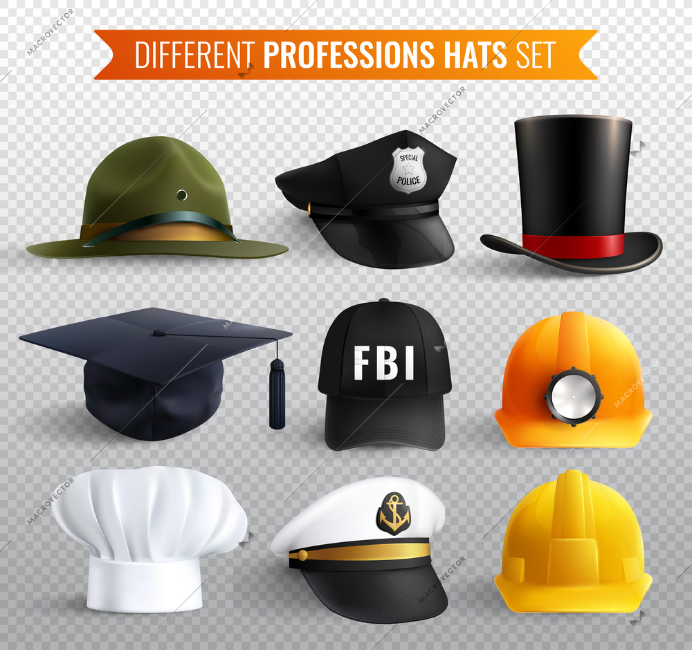 Different professions hats collection on transparent background with nine realistic uniform headgear items with shadows vector illustration