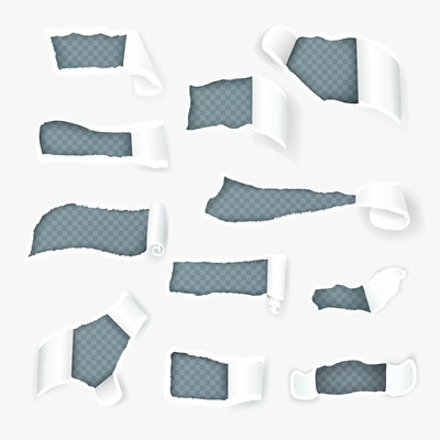 White torn paper curls revealing inner tint layer through variously shaped holes realistic images collection vector illustration