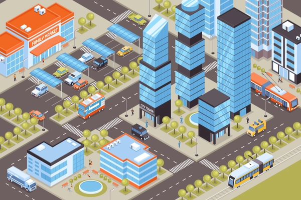 Cityscape with public transport cars and tall buildings 3d isometric vector illustration