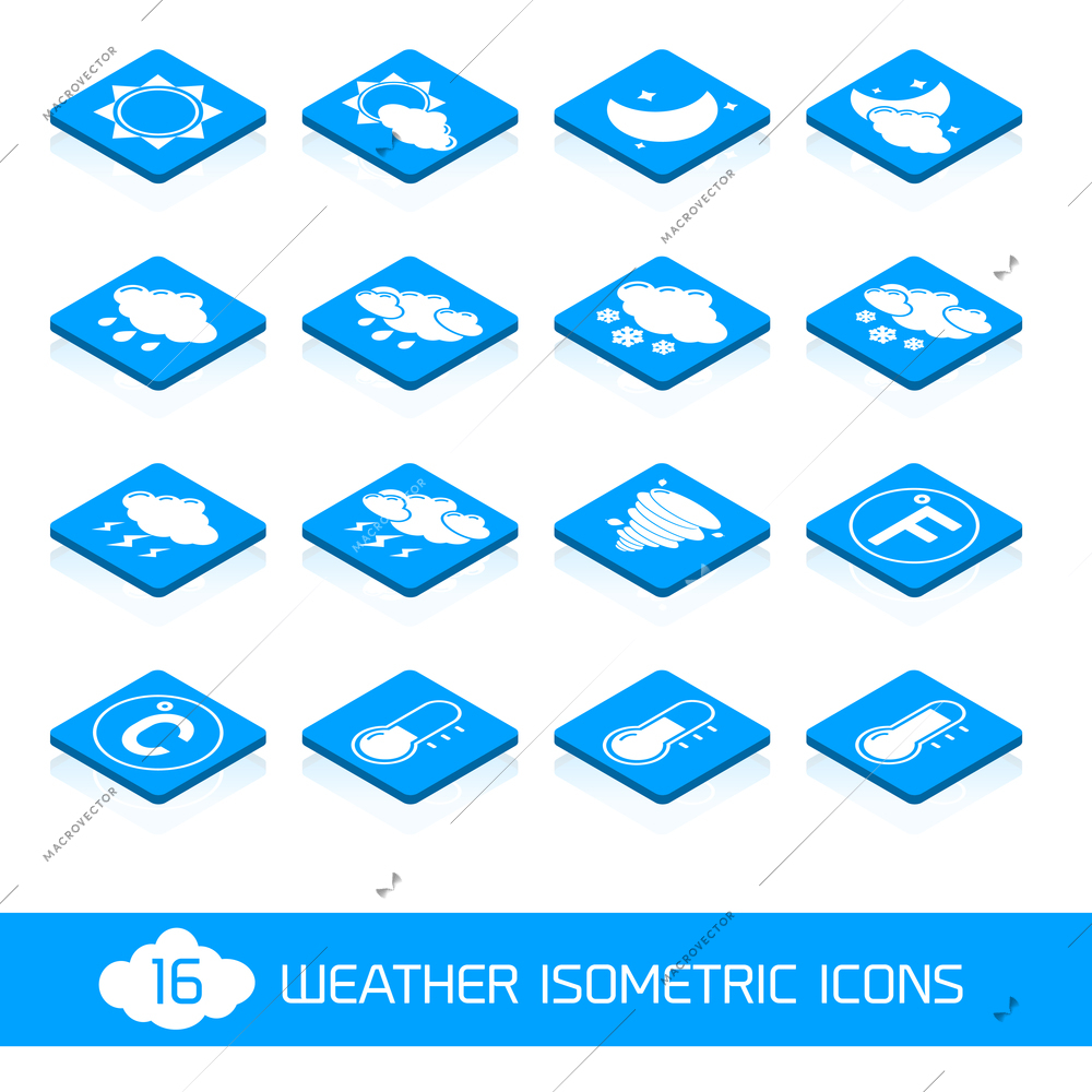 Weather forecast white and blue isometric icons buttons set vector illustration