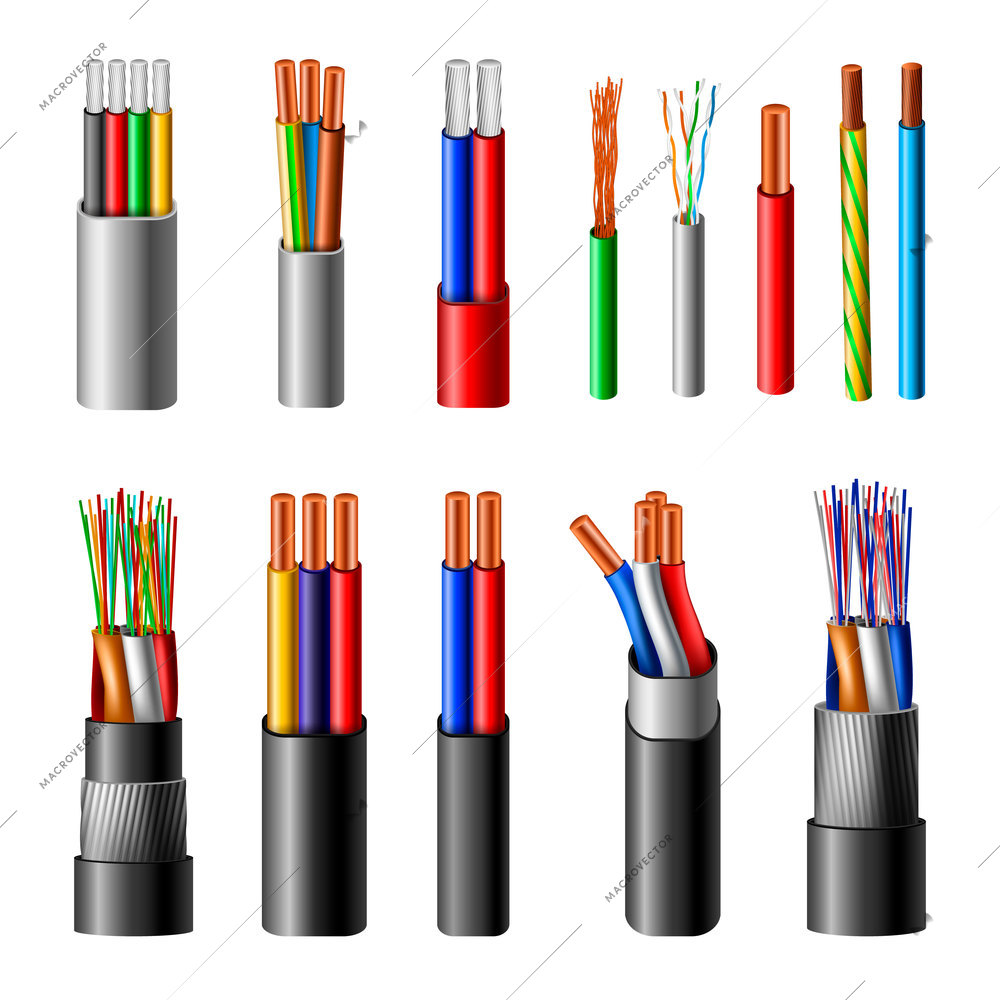 Various types power cables with electrical wire conductors held together with overall sheath realistic set vector illustration