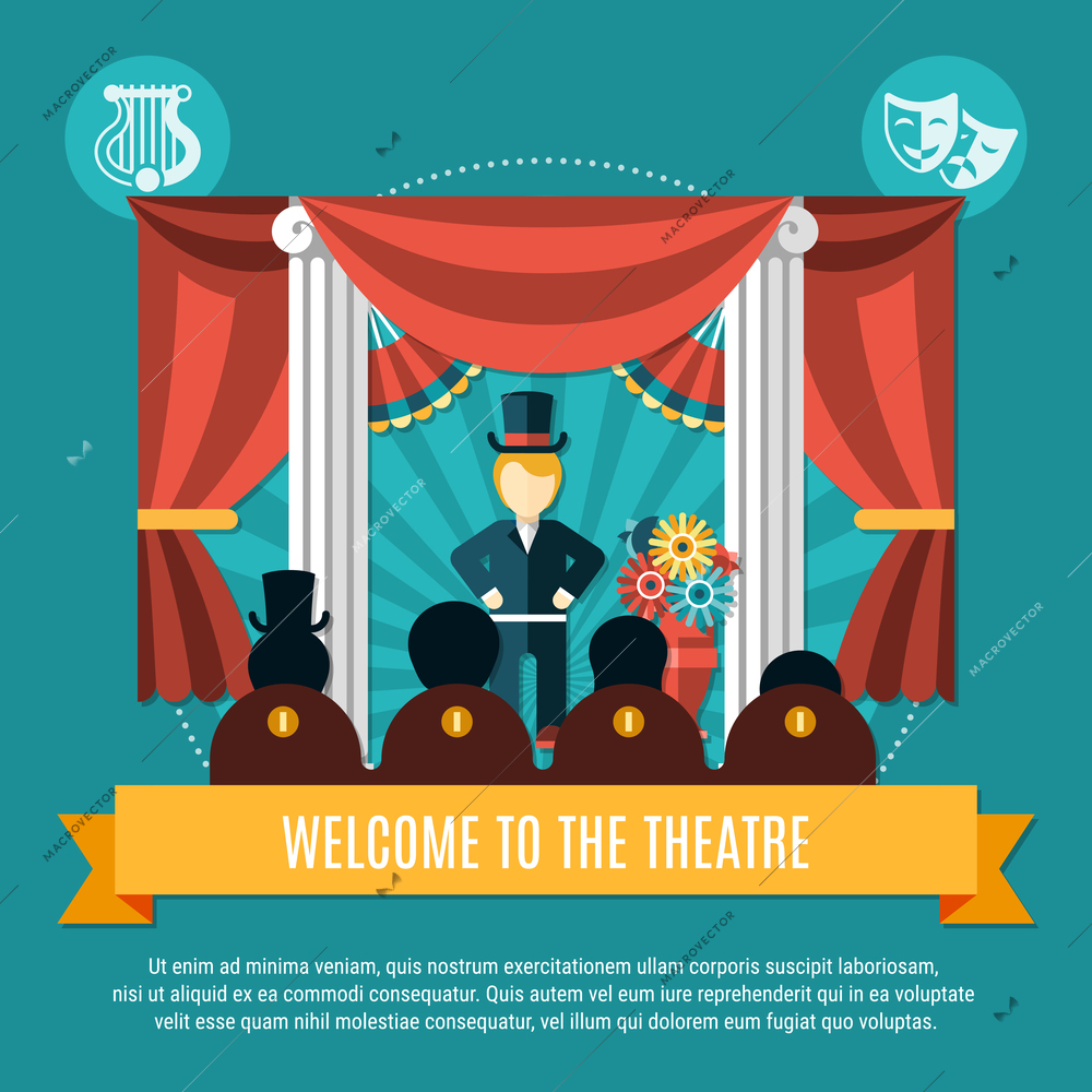 Theatre colored concept with welcome to the theater headline on yellow big ribbon vector illustration