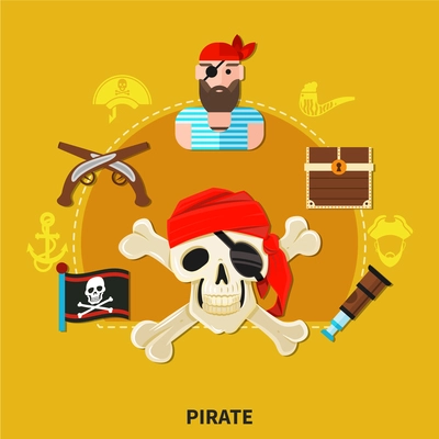 Pirate cartoon composition on yellow background with bearded sailor in bandana with eye patch vector illustration