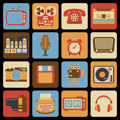 Vintage retro gadgets icons set of radio vinyl player alarm clock isolated vector illustration