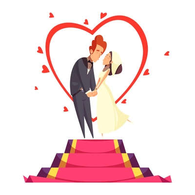 Newlyweds during bridal kiss on pedestal with red carpet and decoration from hearts cartoon composition vector illustration