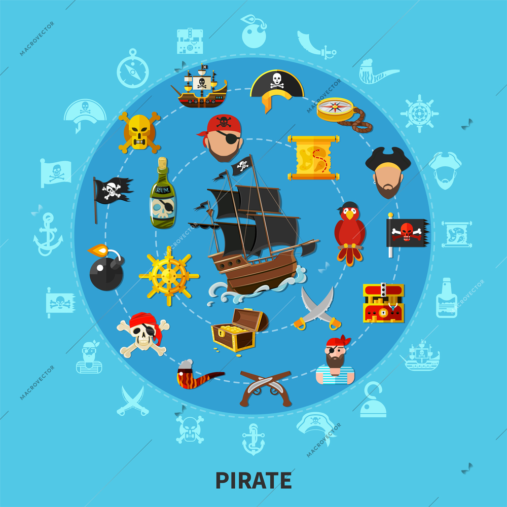 Pirate attributes including sail ship, weapon, treasure, map, parrot, round cartoon composition on blue background vector illustration