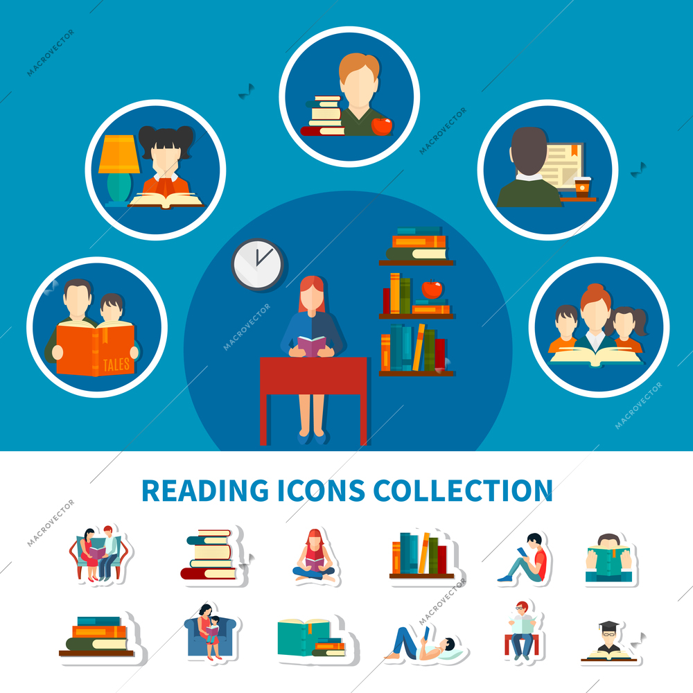 Collection of icons with adults and kids during reading electronic and printed books isolated vector illustration