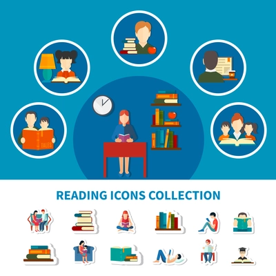 Collection of icons with adults and kids during reading electronic and printed books isolated vector illustration