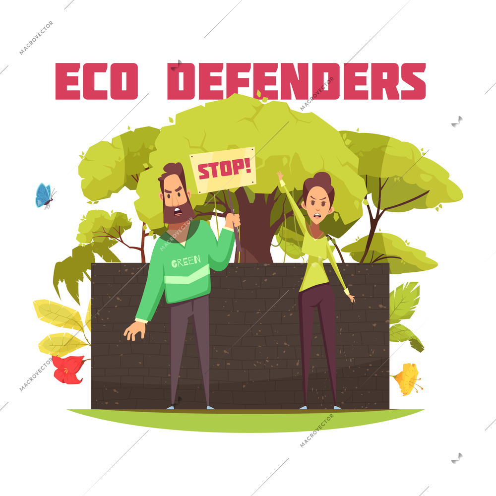 Eco defenders during protest action on dark brick wall background with forest elements cartoon composition vector illustration