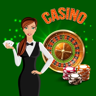 Cartoon casino realistic green composition with girl croupier and Russian Roulette behind her vector illustration