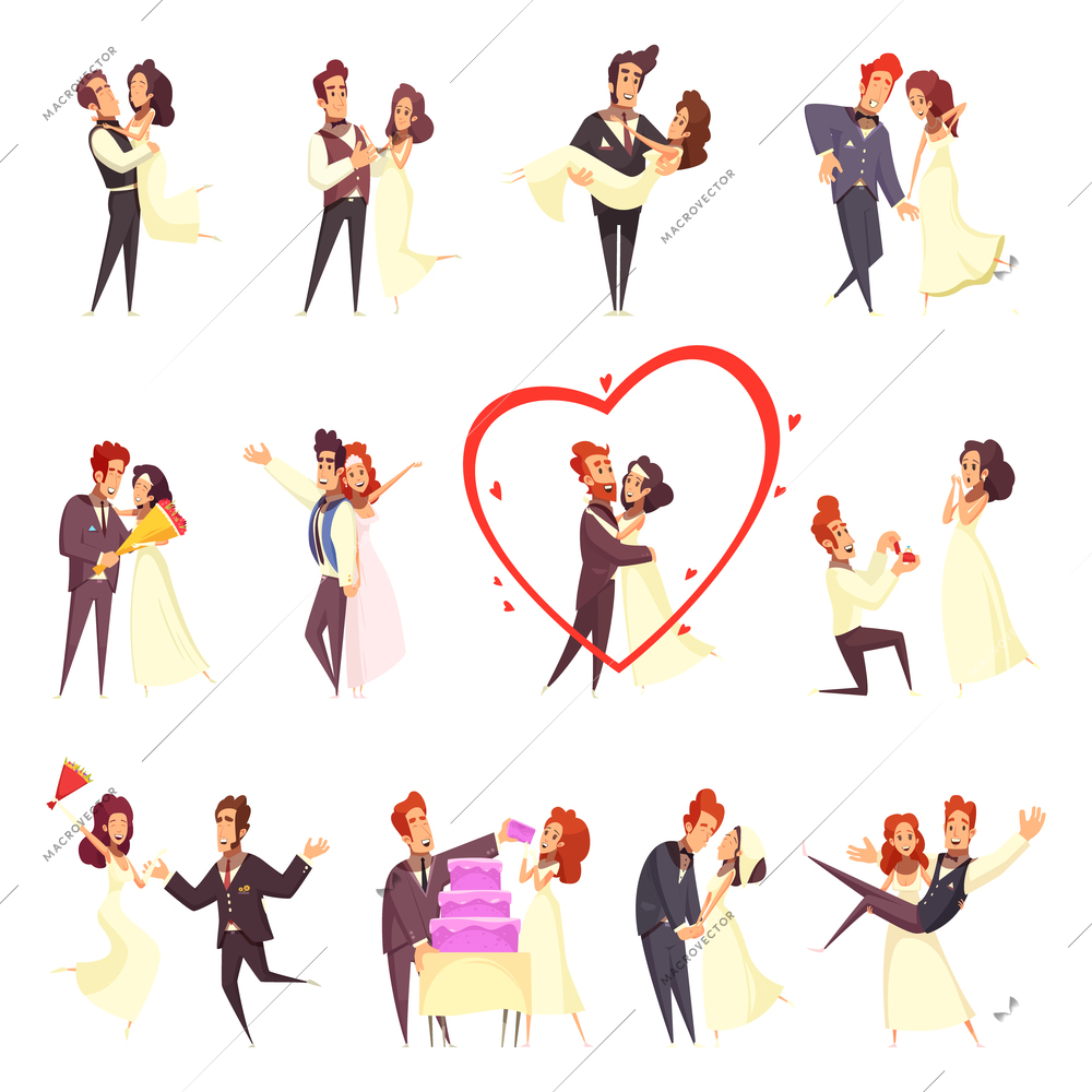 Newlyweds cartoon set, bride and groom during engagement ceremony, hugs, dance and eating cake isolated vector illustration