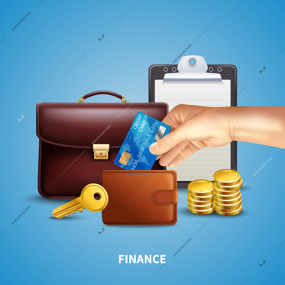 Business finance realistic concept with wallet coins plastic card and day planner on blue background vector illustration