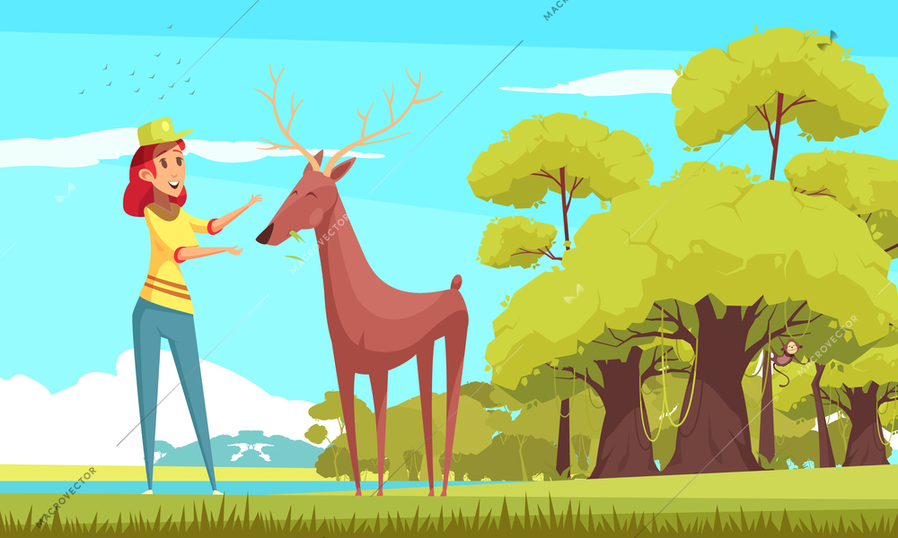 Feeding of forest animal, smiling girl giving food to deer on blue sky background cartoon vector illustration