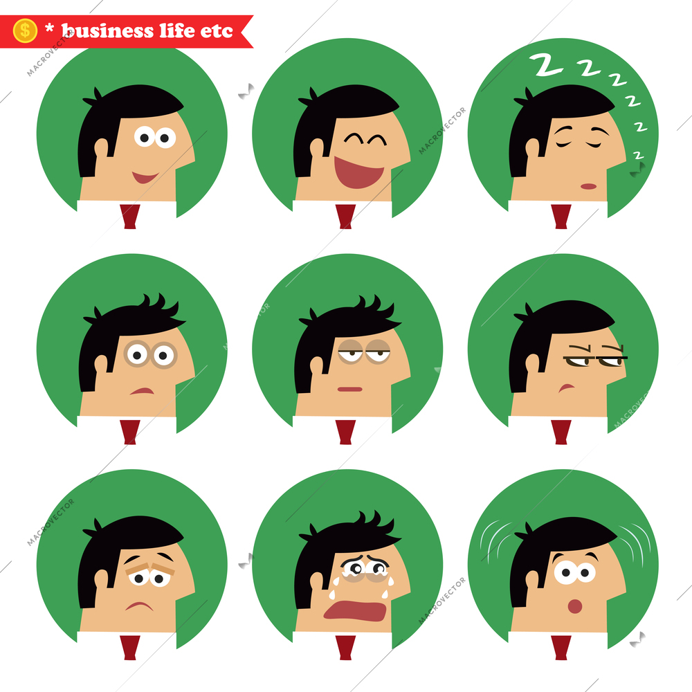 Business facial emotions, isolated icons set vector illustration