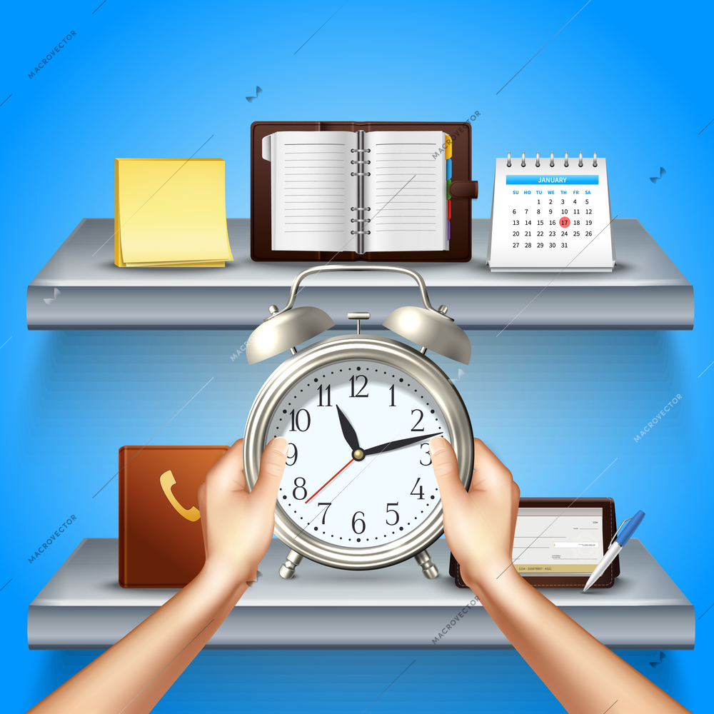 Time management realistic 3d composition with alarm clock in hands and documents on shelves vector illustration