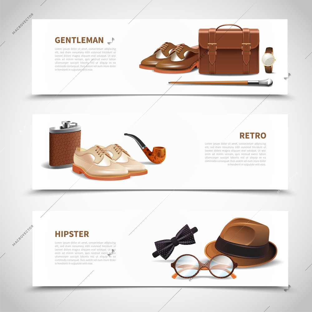 Retro and hipster styles gentleman accessories 3 horizontal realistic banners with shoes hat glasses isolated vector illustration