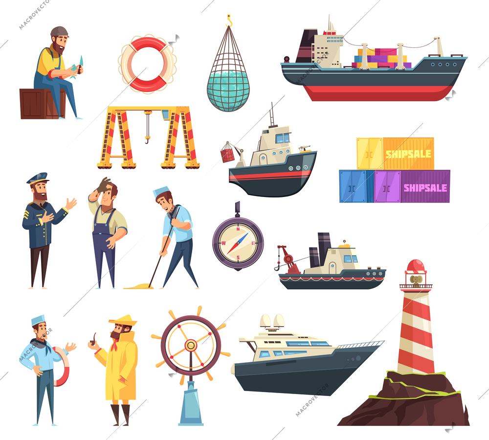 Cartoon set of sailors, captain, ships and nautical elements including helm, beacon, fishing net isolated vector illustration