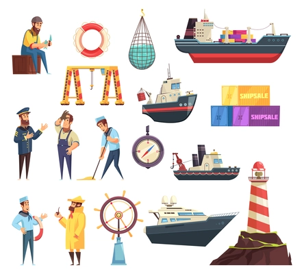 Cartoon set of sailors, captain, ships and nautical elements including helm, beacon, fishing net isolated vector illustration