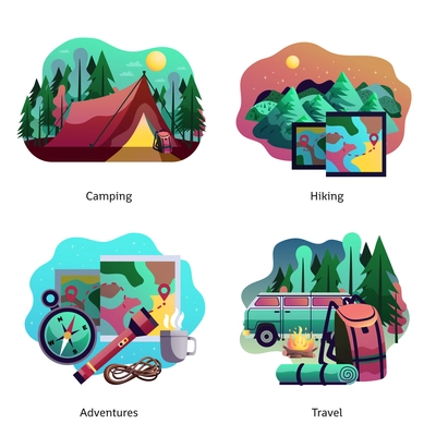 Hiking camping travel adventures 4 abstract icons concept design with tent van tourist accessories isolated vector illustration