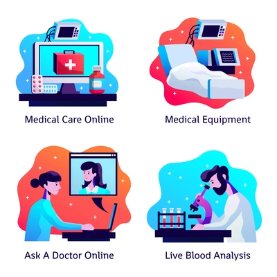 Medicine 4 icons concept design with online doctor service blood test and monitoring equipment isolated vector illustration