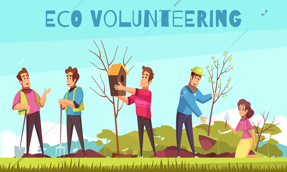 Eco volunteering cartoon composition with persons during hanging bird house, planting of saplings vector illustration