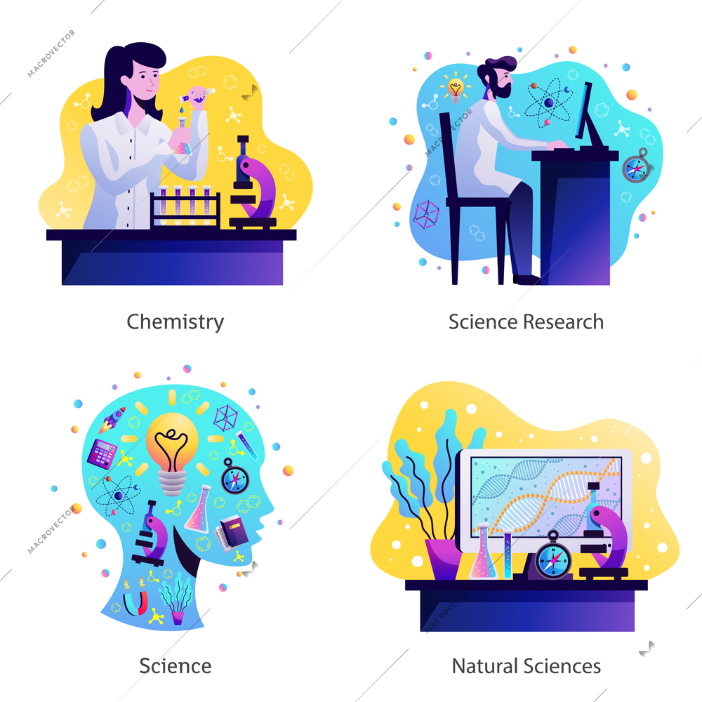 Science concept 4 colorful abstract icons  with ideas symbols and research chemistry laboratory staff isolated vector illustration