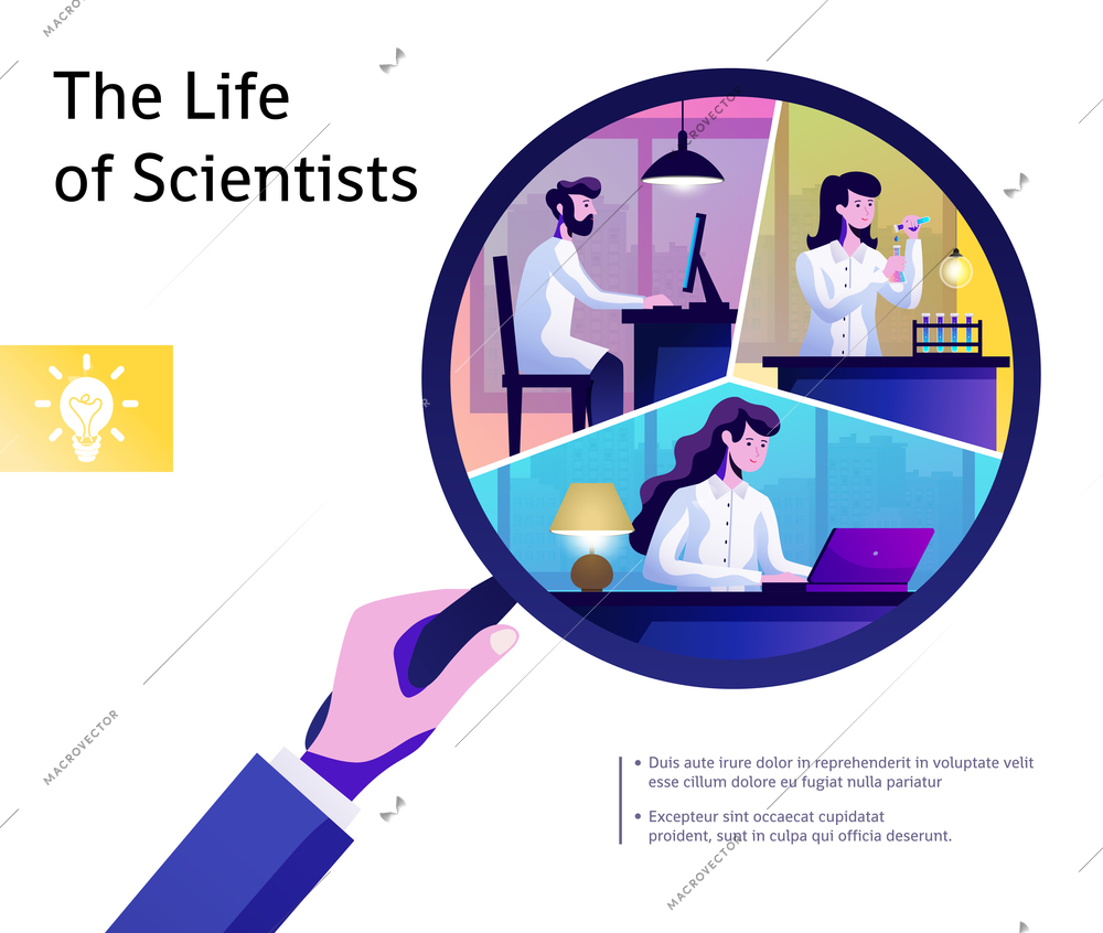 Young scientists life through magnifying glass symbolic poster with text and research work abstract composition vector illustration