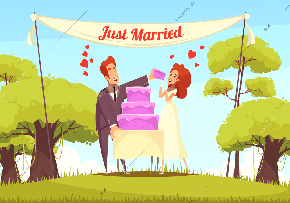 Cheerful just married persons eating bridal cake at outdoor cartoon vector illustration