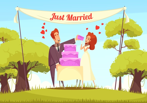 Cheerful just married persons eating bridal cake at outdoor cartoon vector illustration