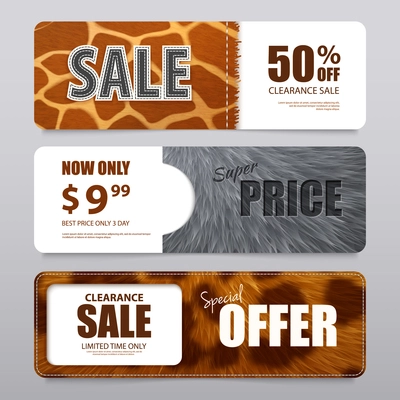 Fur sale advertising horizontal banners with  percentage discount and various elements texture realistic vector illustration