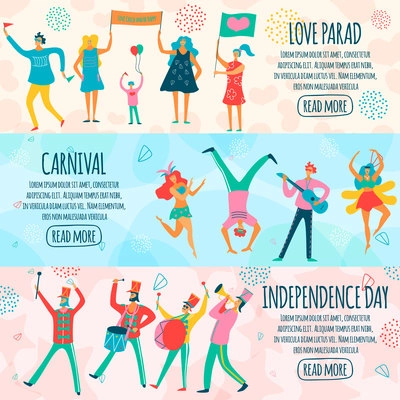 Parade of people during carnival, national holiday and thematic event horizontal flat banners isolated vector illustration