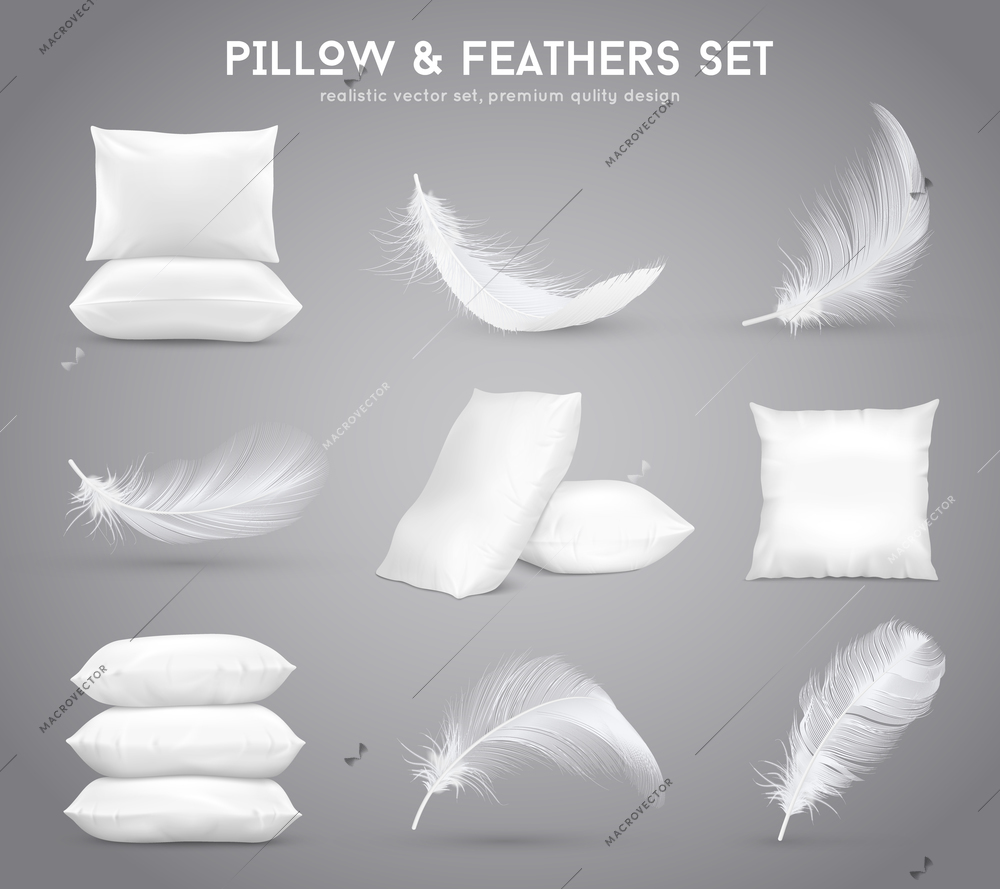 Fluffy feathers and white pillows isolated set in realistic style monochrome vector illustration
