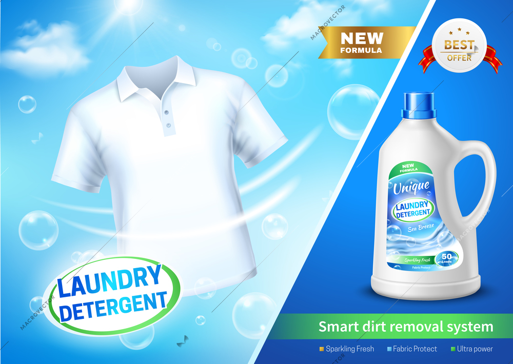 Laundry detergent in realistic plastic bottle ad poster on blue background with white t-shirt vector illustration