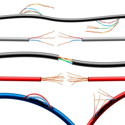 Set of realistic damaged electric cables of various diameter and color with sticking wires isolated vector illustration