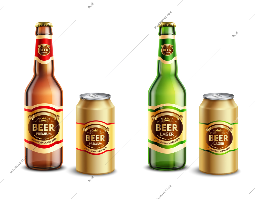 Set of realistic beer packagings including glass bottles and aluminum cans isolated on white background vector illustration