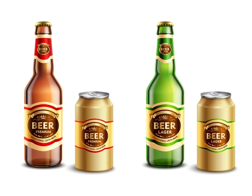 Set of realistic beer packagings including glass bottles and aluminum cans isolated on white background vector illustration