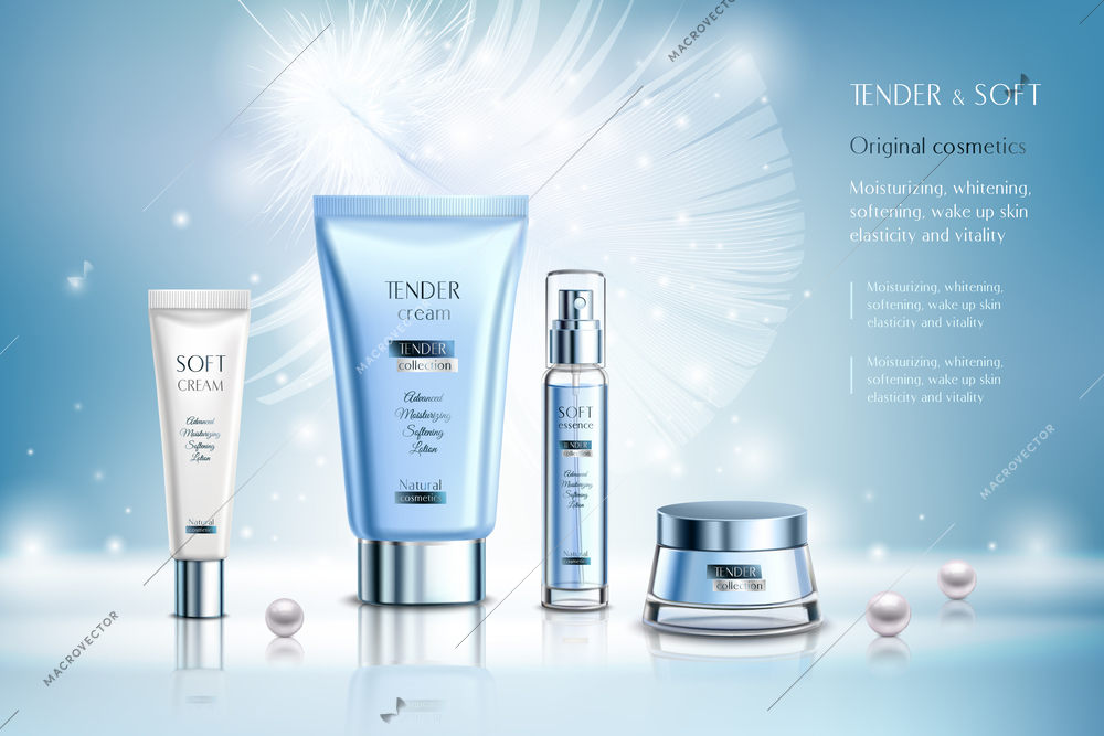 Cosmetics creams and essence, ad composition on blue blurred background with white feather, pearls, sparkles vector illustration