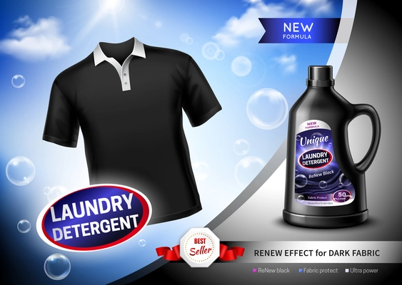 Laundry detergent for dark fabric advertising poster with black t-shirt, soap bubbles realistic vector illustration