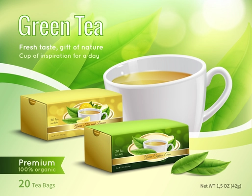 Green tea advertising composition on blurred background with carton packaging, leaves, cup with drink realistic vector illustration