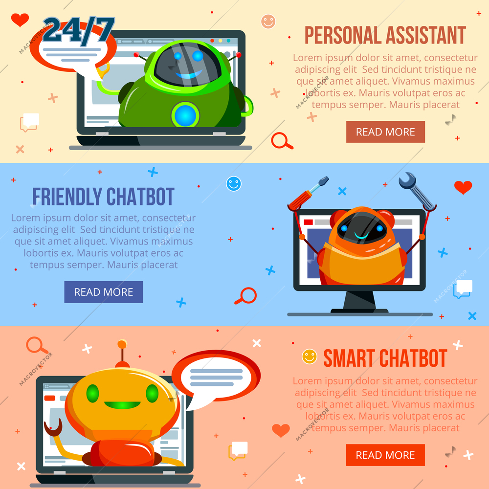 Set of horizontal flat banners personal  assistant, smart and friendly chat bot isolated vector illustration