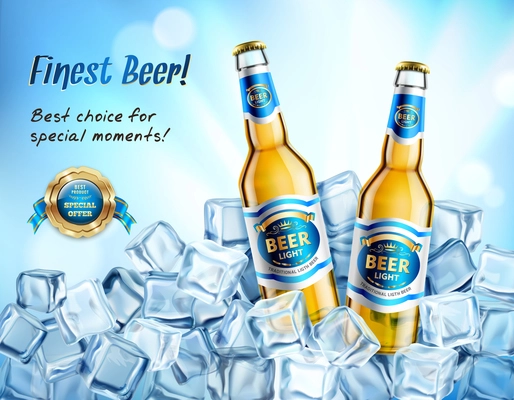 Realistic glass bottles of light beer in ice cubes ad poster on blue blurred background vector illustration