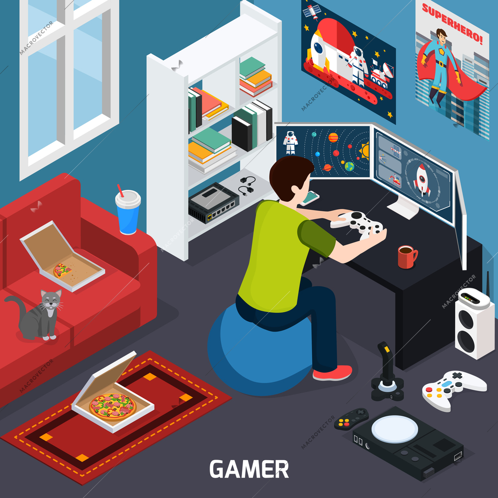 Gamer with control panel near screen during computer gaming in home interior isometric composition vector illustration