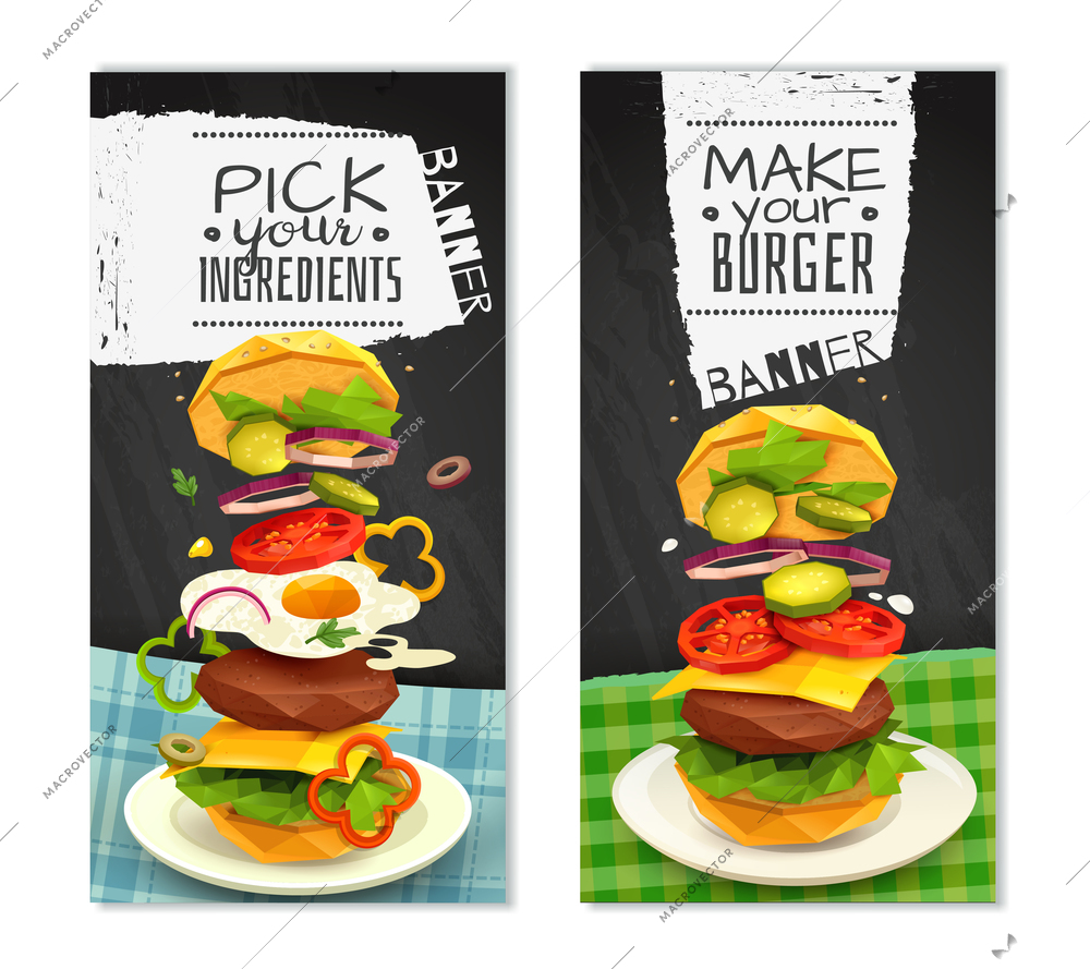 Set of vertical banners on black background with hamburger on white dish isolated vector illustration