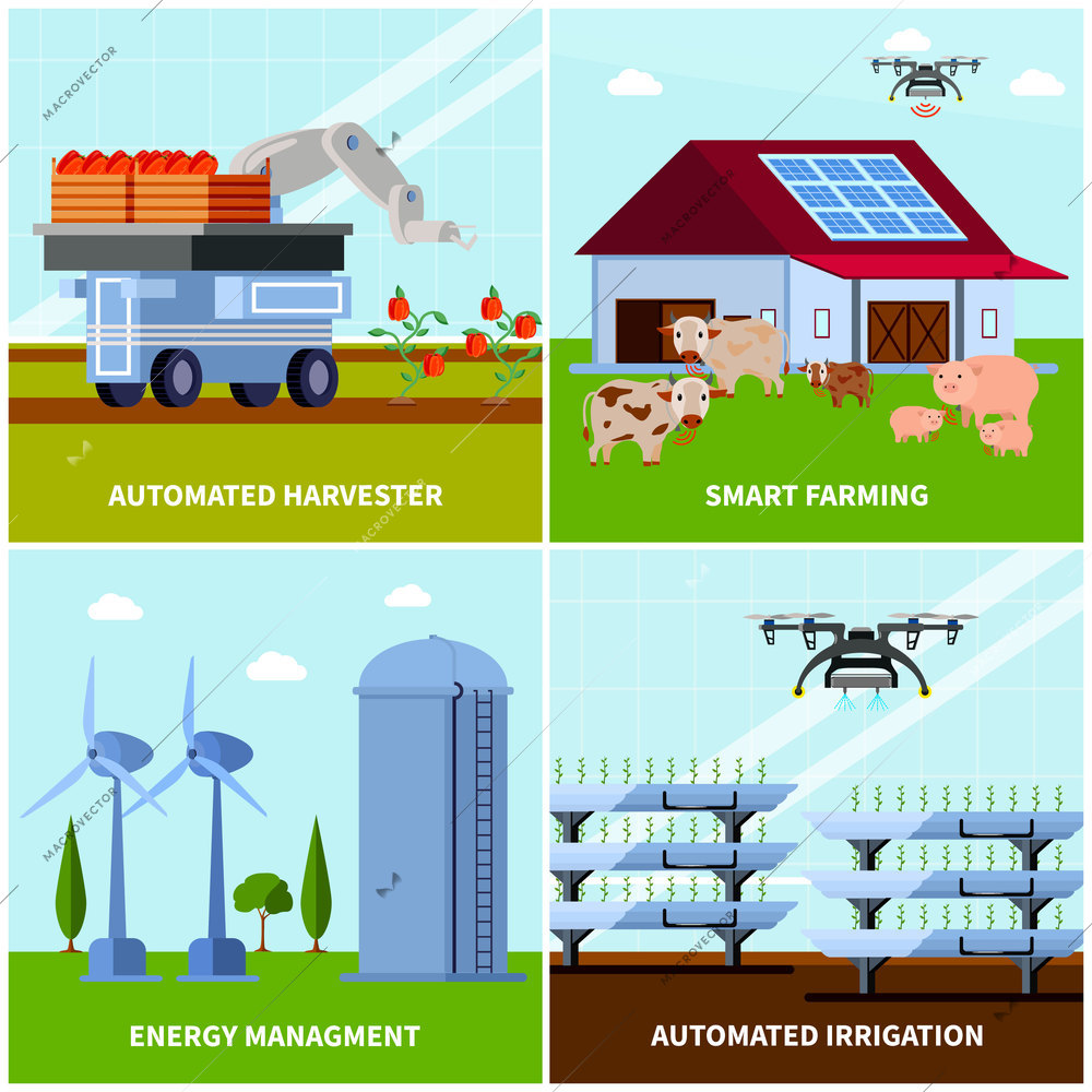 Smart farming with unmanned harvester, automated irrigation, energy management, orthogonal flat design concept, isolated vector illustration