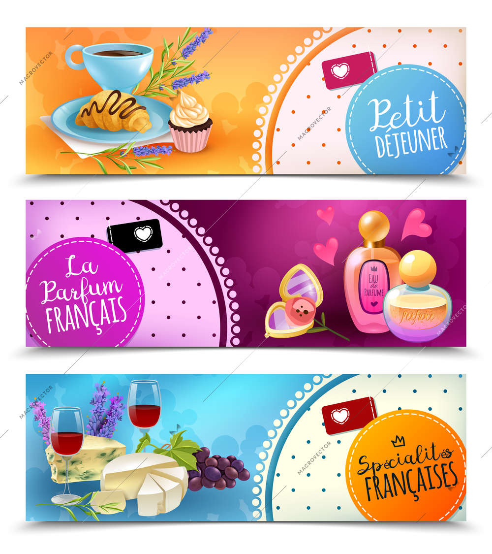 France paris set of horizontal banners with french pastry, perfume, wine and cheese isolated vector illustration