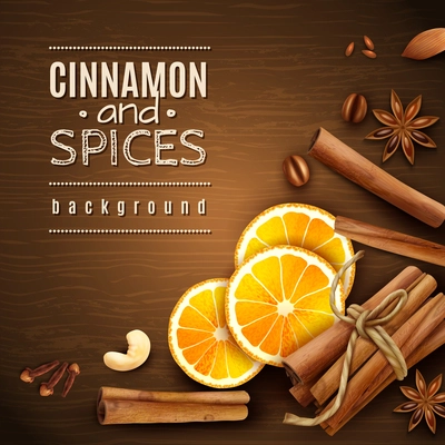 Cinnamon sticks, orange slices, coffee grains and spices anise stars, cloves on wooden texture background vector illustration