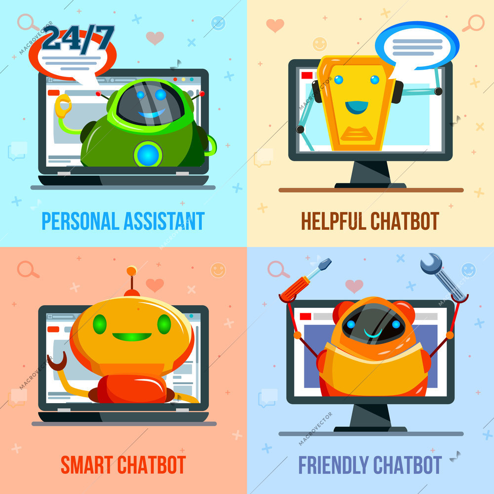 Personal assistant, helpful, smart and friendly chat bot, flat design concept isolated vector illustration