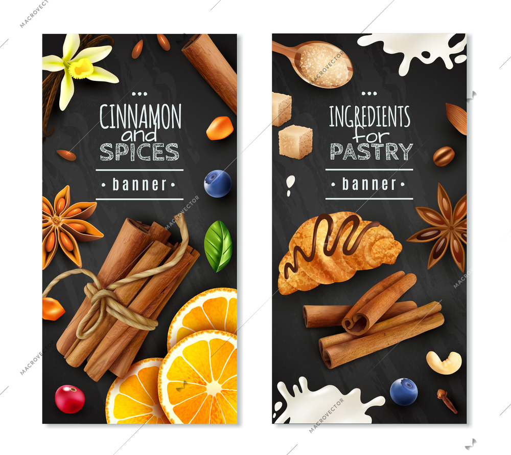 Vertical banners with cinnamon and spices as ingredients for pastry isolated on chalk board background vector illustration