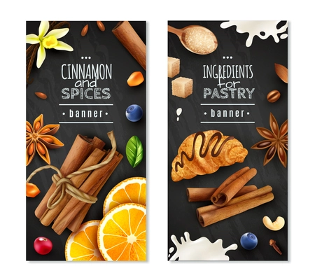 Vertical banners with cinnamon and spices as ingredients for pastry isolated on chalk board background vector illustration