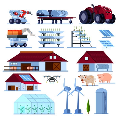 Smart farming with vegetables cultivation, green energy, unmanned agricultural vehicles, orthogonal flat set isolated vector illustration